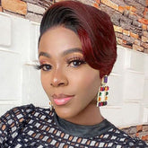 Ronashow Pixie Short Straight Wig Dark Roots 1B/99J Reddish Side Part 13*4*1 Lace Front L Part Human Hair 8 Inch